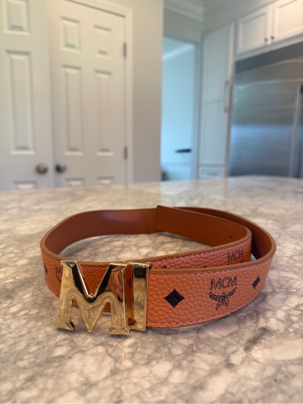 THRIFTED MCM Men's Cognac-Orange Logo Belt with Gold M Buckle